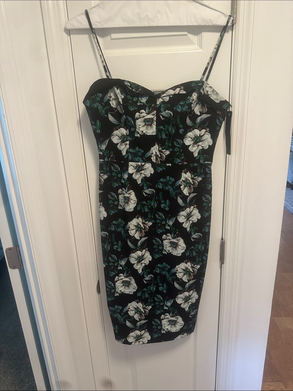 Black Halo pencil  Dress - Black with White & Green Floral with straps